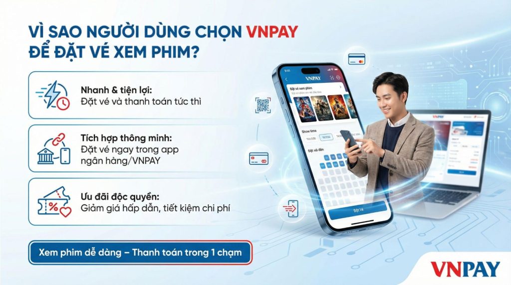 Tính năng “Đặt vé xem phim” trên ứng dụng VNPAY giúp bạn đặt vé đa rạp, thanh toán tức thì và săn ưu đãi tiện lợi ngay trên một nền tảng duy nhất.
